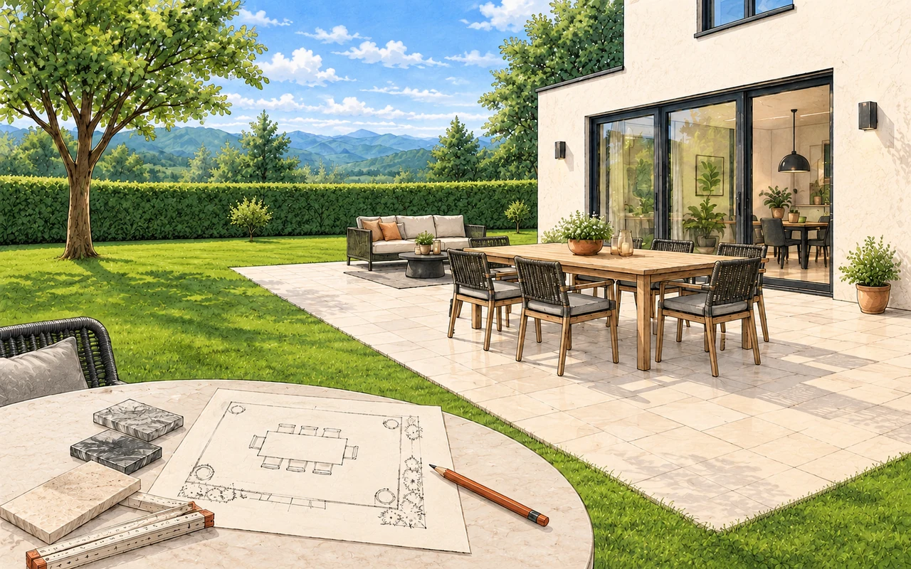 Illustration einer Terrasse am Wohnhaus mit Sitzgruppe und Garten.