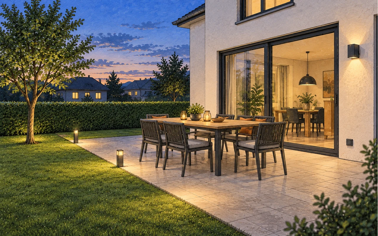 Illustration einer Terrasse am Abend mit warmem Tischlicht, niedrigen Wegeleuchten und einer Außensteckdose an der Hauswand.