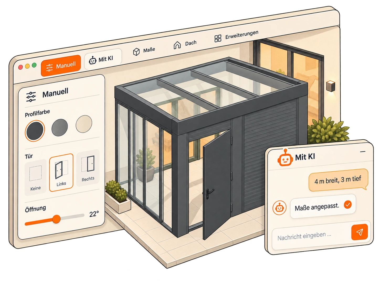 Isometrische Illustration des 3D-Planers mit Terrassendach, Glaswand und Tür sowie Einstellungen für manuelles Gestalten und einen KI-Chat.